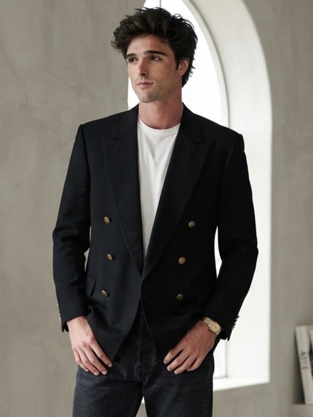 Vintage Men's 44L Black Double Breasted Peak Lapel Gold Button Blazer Jacket